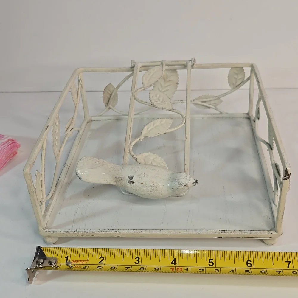 Shabby Chic Cottage Cream/Off White Metal Napkin Holder with Bird Vine Design